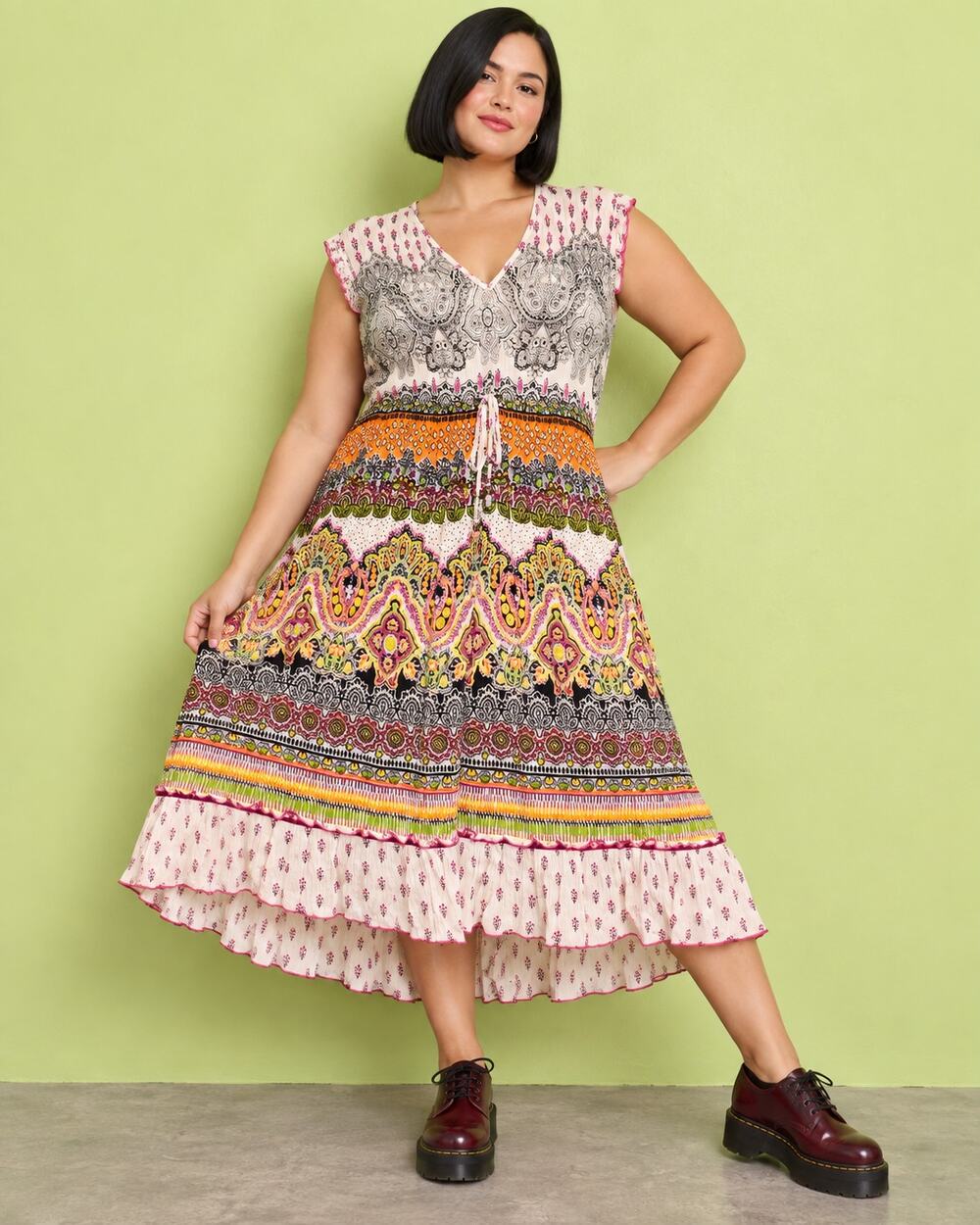 Dressbarn XL Boho Paisley Floral Ruffle Hem Midi Dress Multicolor